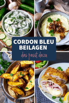 Collage aus 4 Bildern als Cordon-Bleu-Beilage mit Schriftzug.