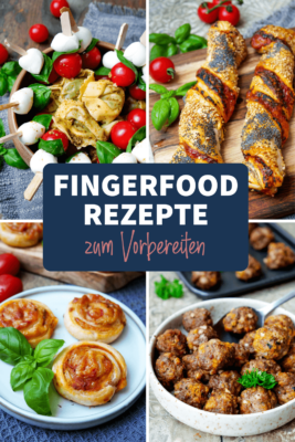 Collage zu kaltem Fingerfood mit Schriftzug.